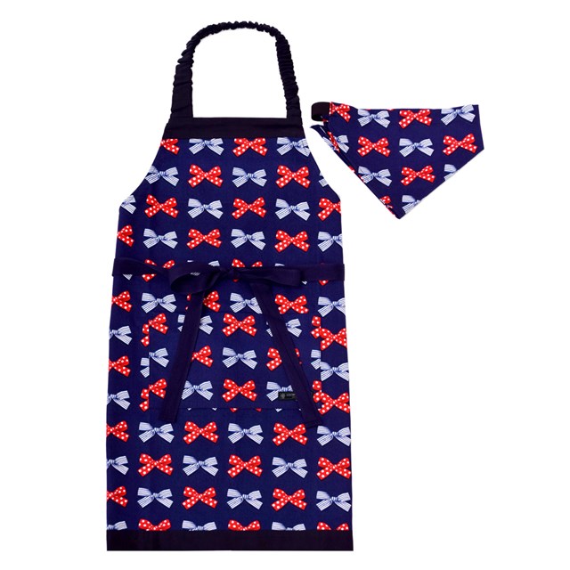 三角巾付き子どもエプロン身長(130-160cmサイズ)ポルカドットとストライプのフレンチリボン(ネイビー)日本製