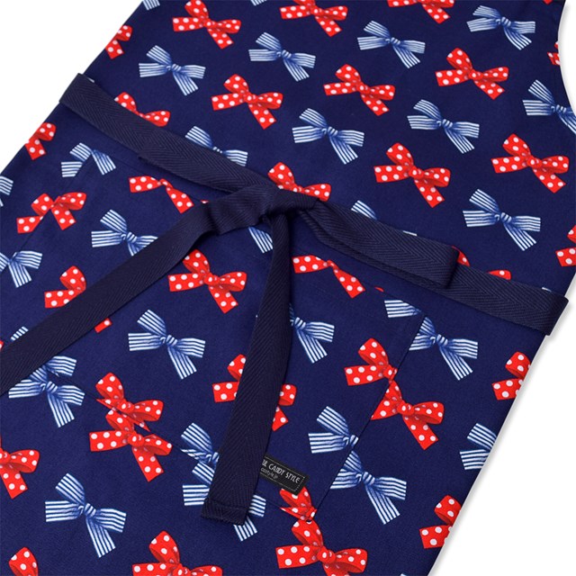 三角巾付き子どもエプロン身長(130-160cmサイズ)ポルカドットとストライプのフレンチリボン(ネイビー)日本製