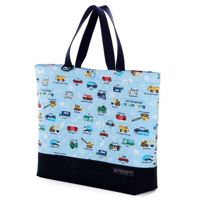 マチ付きキルティングレッスンバッグアクセル全開はたらく車(ライトブルー)日本製