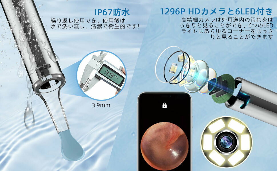 耳かきカメライヤースコープみみかき耳掃除耳かきスコープ軽量高画質極細レンズ防水LEDライト付き耳垢クリーニングみみかきカメラ耳掻き使いやすいUSB充電式無線WIFI接続iPhone/iPad/Androidプレゼント日本語取扱説明書付き