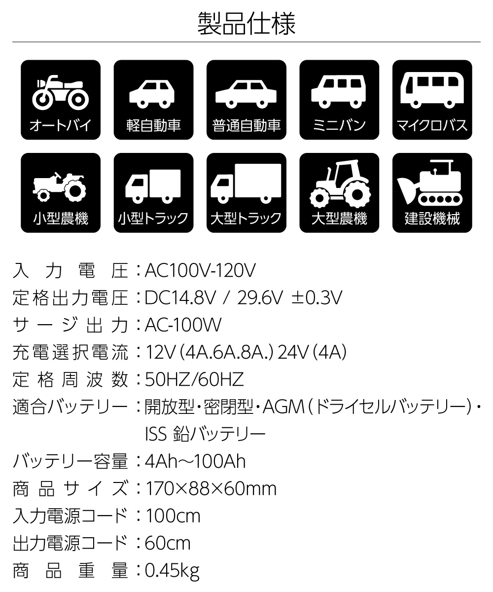 バッテリー充電器車12v24v大電流最新カーバッテリーバイクバッテリーチャージャー8A大電流12/24V兼用電動自転車コネクタ付過電流保護自動車バイク用