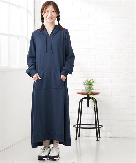 マタニティワンピース・授乳ワンピース|【産前・産後_授乳服】綿混スウェット_マタニティマキシ丈パーカーワンピース_ニッセン_nissen